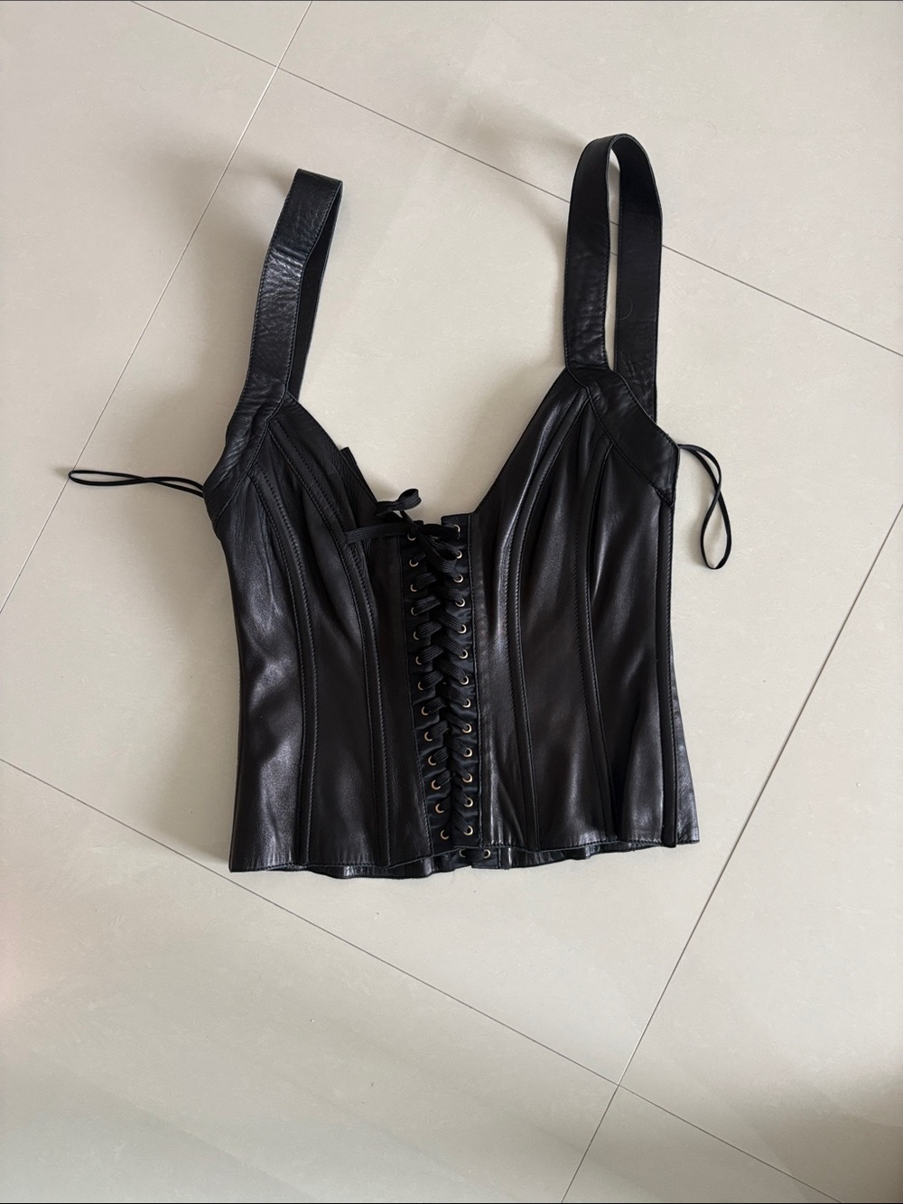 Dolce & Gabbana Black Leather Lace-Up Corset Camisole
